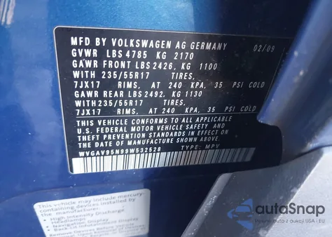 2009 Volkswagen Tiguan Se z USA, uszkodzony, nr VIN WVGAV95N99W532528